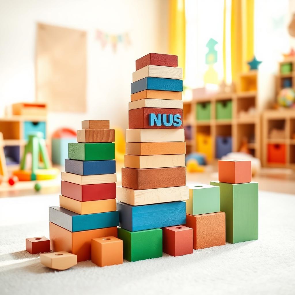 Colorful wooden blocks stacked in a playroom