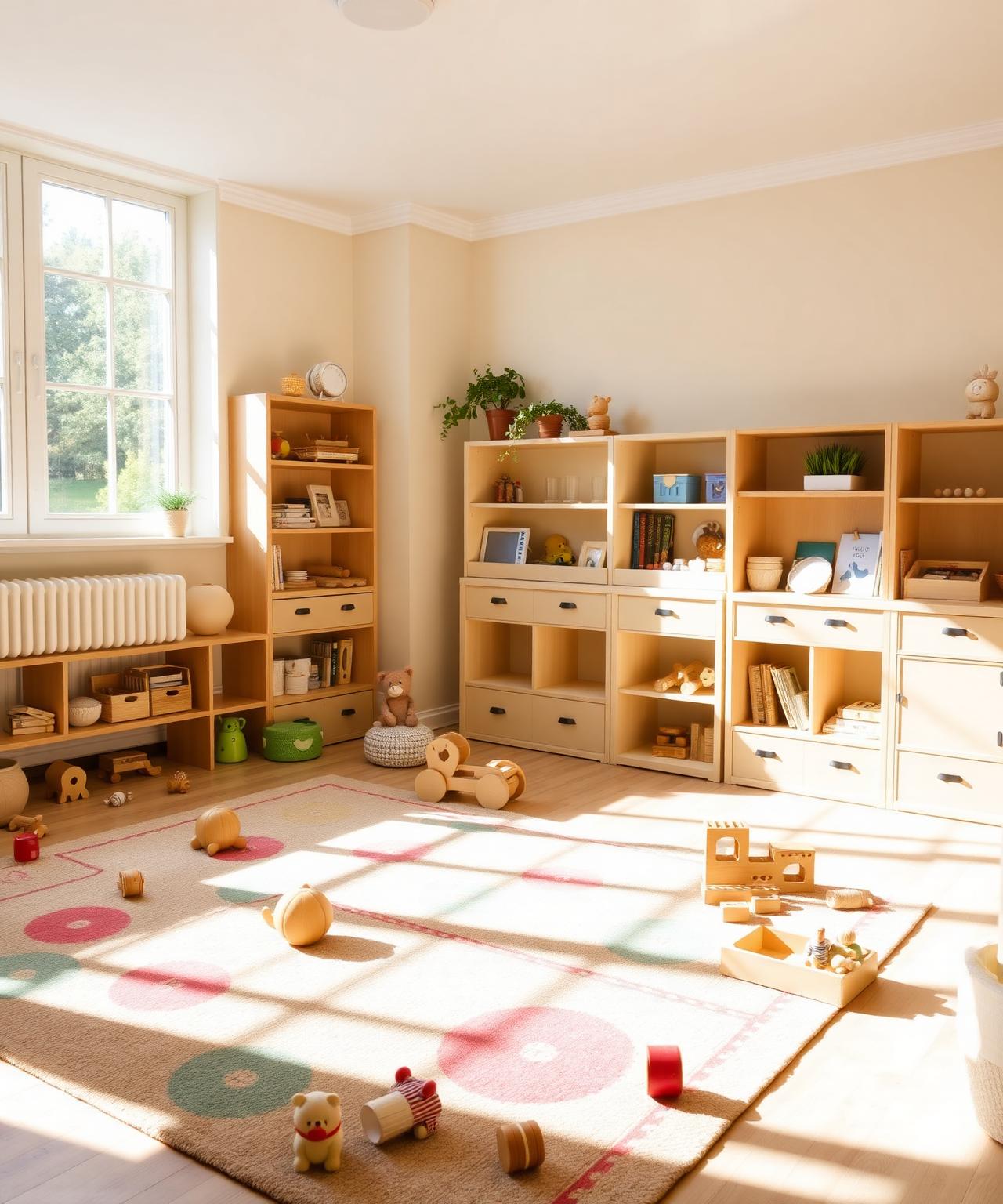 Sunlit playroom at Fairy Door Daycare with wooden toys and a soft colorful rug
